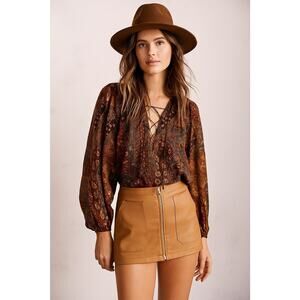 Free People Maya Mini Skirt 8 Mod Faux Leather Zip Front Vegan Cashew Boho NEW